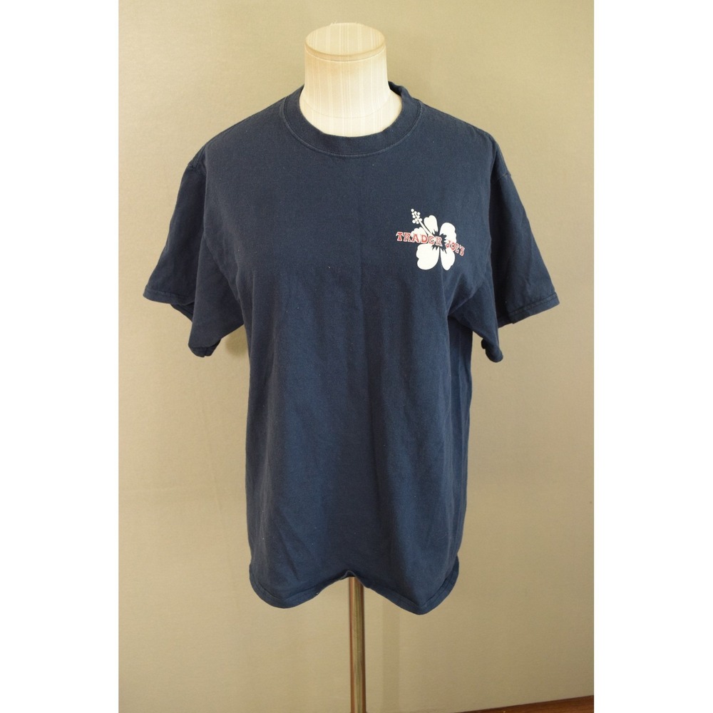 Trader Joes T-Shirt Medium Navy Blue Hibiscus Graphic Mens Tee Employee